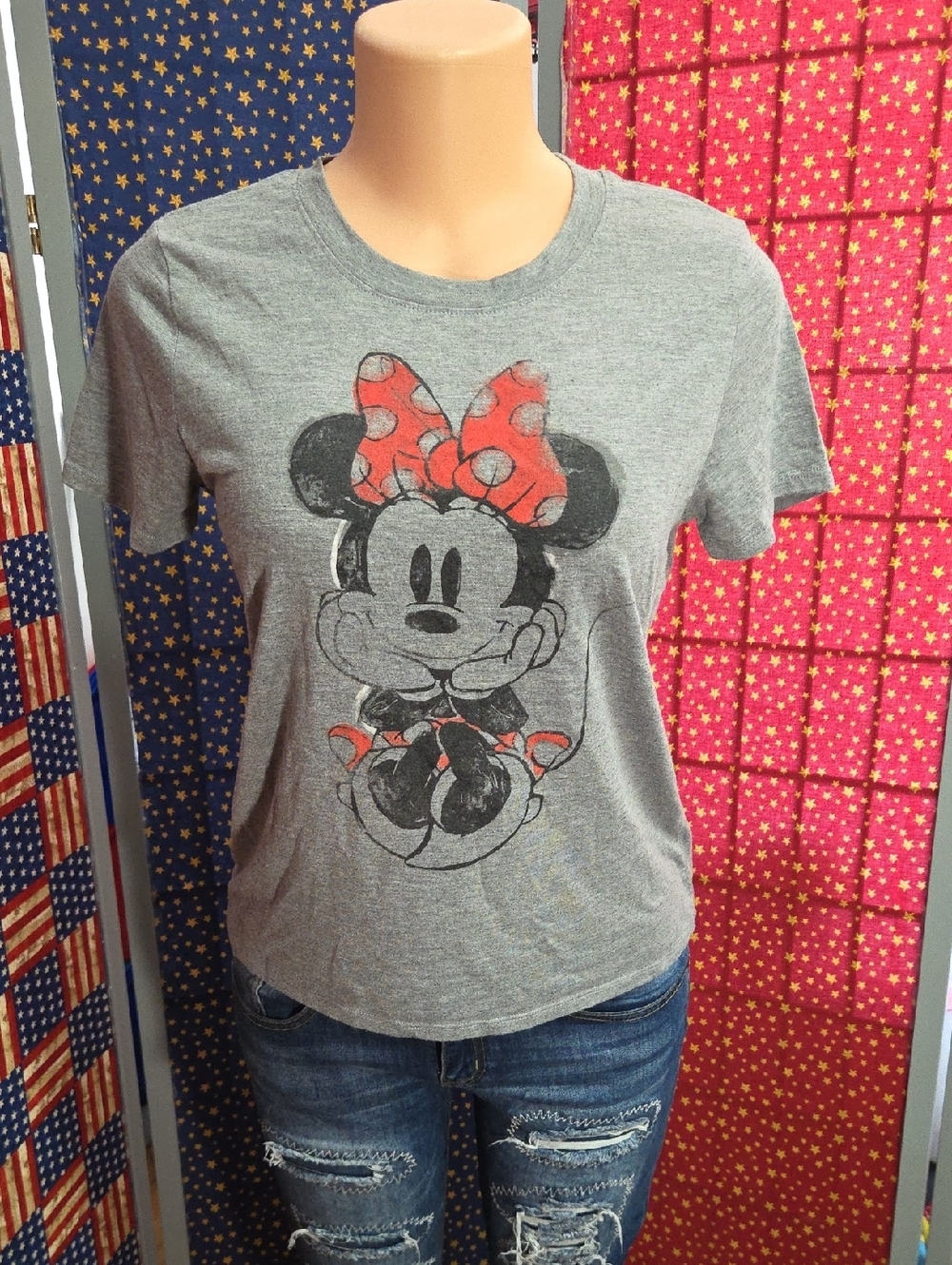 Disney Gray Minnie Mouse Graphic Tee with Red Bow